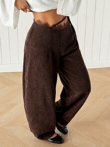 SHEIN EZwear Women's Lace Patchwork Casual Daily Wear Long Pants - Brown - View 6