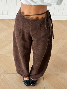 SHEIN EZwear Women's Lace Patchwork Casual Daily Wear Long Pants - Brown - View 5