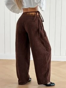 SHEIN EZwear Women's Lace Patchwork Casual Daily Wear Long Pants - Brown - View 2