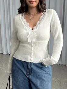 GalTyme Plus Size Women's Lace Patchwork Casual Elegant Daily Long Sleeve Sweater Fall Evening Morning White Winter - Beige - View 7