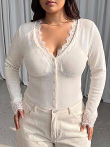 GalTyme Plus Size Women's Lace Patchwork Casual Elegant Daily Long Sleeve Sweater Fall Evening Morning White Winter - Beige - View 1