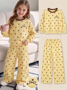 SHEIN Genkimix Kids 女童 2 件組咖啡色波點兒童套裝 | 針織套頭衛衣 + 寬腿褲，適合秋冬休閒、萬聖節、幼兒園 - 黃色 - 查看 5