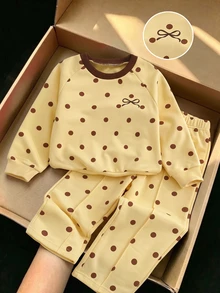SHEIN Genkimix Kids 女童 2 件組咖啡色波點兒童套裝 | 針織套頭衛衣 + 寬腿褲，適合秋冬休閒、萬聖節、幼兒園 - 黃色 - 查看 3
