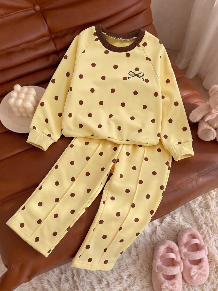 SHEIN Genkimix Kids 女童 2 件組咖啡色波點兒童套裝 | 針織套頭衛衣 + 寬腿褲,適合秋冬休閒、萬聖節、幼兒園 - 黃色 - 查看 1