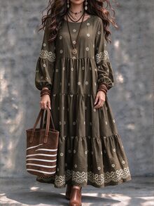 Ceyna Plus Size Women's Floral Print Lantern Sleeve Ruffle Hem Casual Boho Vintage Vacation Dress Fall Olive Green - Multicolor - View 4