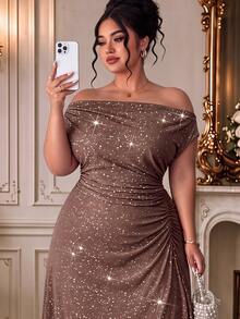 Elenzga Plus Size Women's Autumn/Winter Dried Rose Color Mesh Glitter Fabric Asymmetrical Shoulder Sleeveless Cinched Waist Long Dress, Suitable For Parties, Dates, Daily Commute And Other Occasions - Mocha Brown - View 8