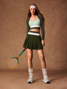 VARSIVA Women's Colorblock Long Sleeve Top And Pleated Mini Skirt Casual Sports Set - Multicolor - View 6