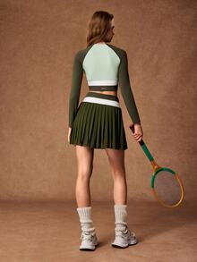 VARSIVA Women's Colorblock Long Sleeve Top And Pleated Mini Skirt Casual Sports Set - Multicolor - View 9