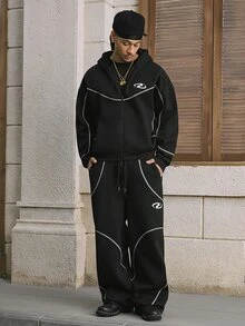 Mainfolk Men's Loose Fit Casual Versatile Zip-Up Hoodie Set - Black - View 3