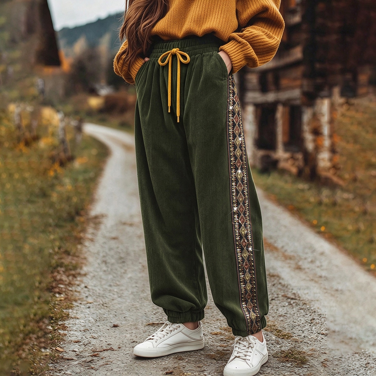 Women's Autumn/Winter Vintage Bohemian Corduroy Jogger Pants, Dark Green Vertical Striped Corduroy Fabric, Side Colorful Printed Ribbon Patchwork, Elastic Drawstring High Waist Design, Loose Cuffed Leg Style, Retro Vibe, Soft And Comfortable, Flattering A