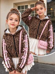 SHEIN Tween Girl Zip Up Bow Decor Fleece Lined Thick Hooded Short Beige Jacket For Back To School Student Outdoor Fall Winter Loose Fit Fashionable Y2k - Coffee Brown - View 2