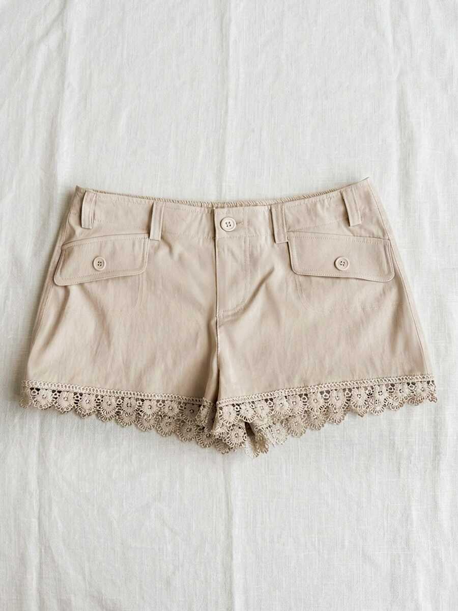 Attitoon Women's Contrast Lace Fashion Button Design Shorts - Apricot - View 1