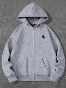 SHEIN 大童男孩獨角獸刺繡拉鍊連帽衛衣，內層保暖加絨 - 灰色 - 查看 1