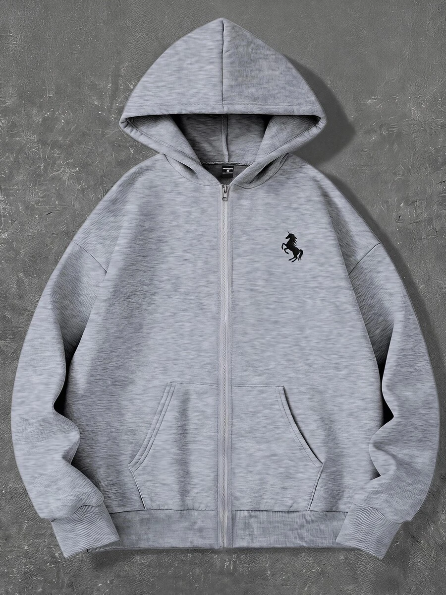 SHEIN 大童男孩獨角獸刺繡拉鍊連帽衛衣,內層保暖加絨 - 灰色 - 查看 1