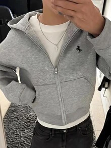 SHEIN 大童男孩獨角獸刺繡拉鍊連帽衛衣，內層保暖加絨 - 灰色 - 查看 3