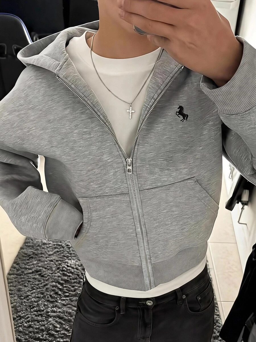 SHEIN Tween Boy Unicorn Embroidered Zip-Up Thermal Lined Sweatshirt - Grey - View 1