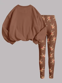Tween Girl 1pc Christmas Elk Print Drop Shoulder Pullover Sweatshirt & 1pc Leggings Set - Multicolor - View 3