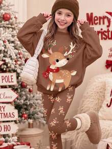 Tween Girl 1pc Christmas Elk Print Drop Shoulder Pullover Sweatshirt & 1pc Leggings Set - Multicolor - View 5