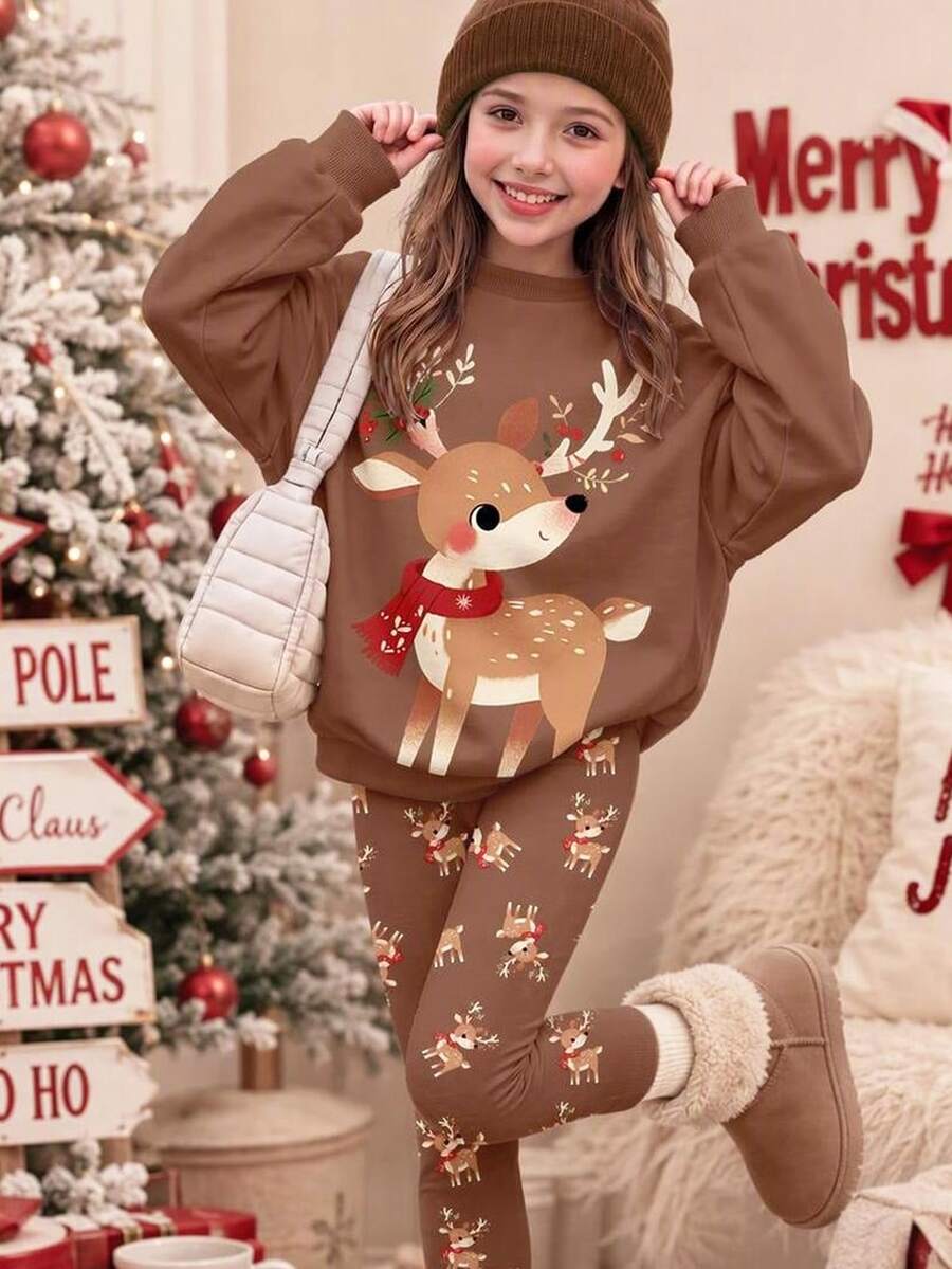 Tween Girl 1pc Christmas Elk Print Drop Shoulder Pullover Sweatshirt & 1pc Leggings Set - Multicolor - View 1