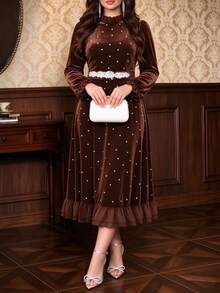 Auvina Đầm nữ big size phong cách Hàn Quốc chất nỉ lông cừu cho mùa thu, Noel - Cà phê nâu - Xem 3