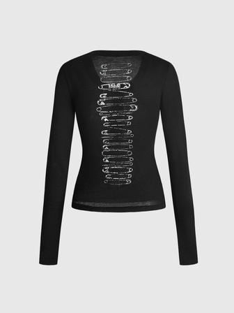 T-shirt Y2K Street Style Spicy Girl décontracté classique effet usé avec imprimé slogan cursif semi-transparent texturé coupe slim col Henley manches longues en rayonne