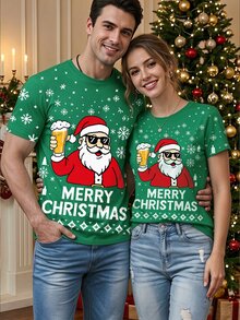 Manfinity Homme Kaos Natal Hijau Pasangan Serasi dengan Gambar Santa Claus, Bir, dan Kepingan Salju yang Lucu, Kaos Pesta Liburan Lengan Pendek, Unisex - MultiWarna - View 4
