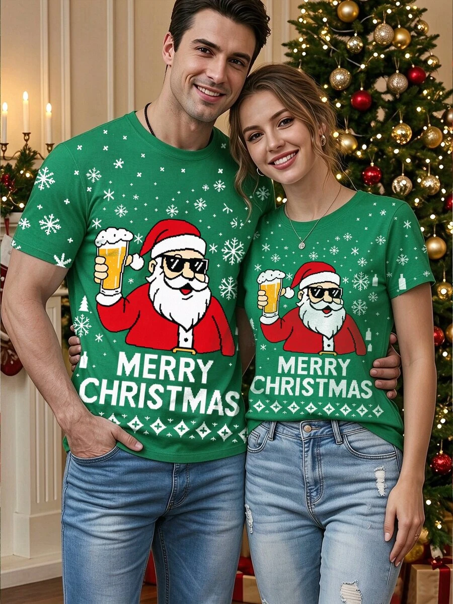 Manfinity Homme Couples Matching Green Christmas T-Shirt With Funny Santa Claus, Beer And Snowflake Graphic, Short Sleeve Holiday Party Tee, Unisex - Multicolor - View 1