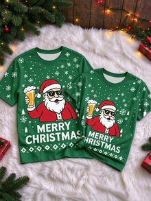 Manfinity Homme Kaos Natal Hijau Pasangan Serasi dengan Gambar Santa Claus, Bir, dan Kepingan Salju yang Lucu, Kaos Pesta Liburan Lengan Pendek, Unisex - MultiWarna - View 3