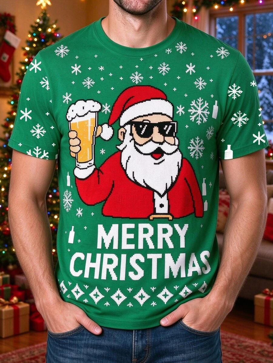 Manfinity Homme Kaos Natal Hijau Pasangan Serasi dengan Gambar Santa Claus, Bir, dan Kepingan Salju yang Lucu, Kaos Pesta Liburan Lengan Pendek, Unisex - MultiWarna - View 1