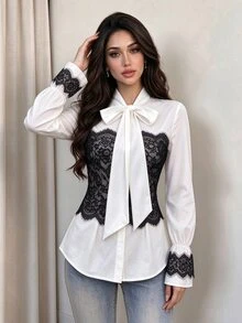 Modelyn French Style Bowknot Lace Patchwork Contrast Color Bell Sleeve Cinched Waist Elegant Women's Long Sleeve Blouse, Autumn - White - View 5