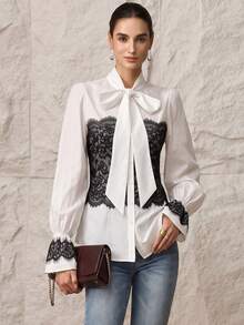 Modelyn French Style Bowknot Lace Patchwork Contrast Color Bell Sleeve Cinched Waist Elegant Women's Long Sleeve Blouse, Autumn - White - View 4