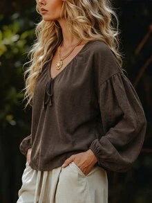 Glimmora Fashionable Retro Coffee Color Casual Basic V-Neck Gathered Petal Sleeve Design Women T-Shirt - Coffee Brown - View 4
