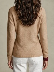 LUMIGAL Women's Cross V-Neck Ruched Waist Fitted Long Sleeve Ribbed Hem Sweater, Autumn - Khaki - View 2