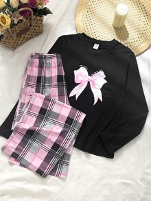 SHEIN 粉色條紋蝴蝶結印花 少女童裝居家服套裝 圓領長袖長褲 寬鬆版型 秋冬休閒 2件組 - 粉色 - 查看 7