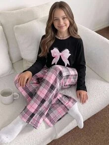 SHEIN 粉色條紋蝴蝶結印花 少女童裝居家服套裝 圓領長袖長褲 寬鬆版型 秋冬休閒 2件組 - 粉色 - 查看 5