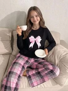 SHEIN 粉色條紋蝴蝶結印花 少女童裝居家服套裝 圓領長袖長褲 寬鬆版型 秋冬休閒 2件組 - 粉色 - 查看 1