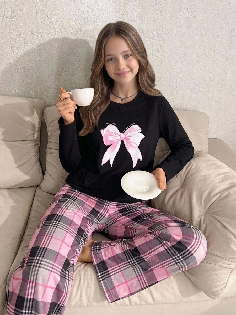 SHEIN 粉色條紋蝴蝶結印花 少女童裝居家服套裝 圓領長袖長褲 寬鬆版型 秋冬休閒 2件組 - 粉色 - 查看 1