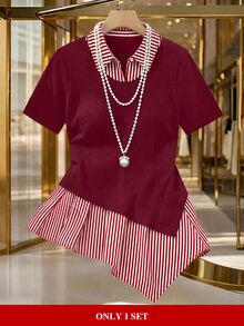 GlowEve CURVE Plus Size Women's Striped Patchwork Asymmetrical Hem Top - Red - View 1