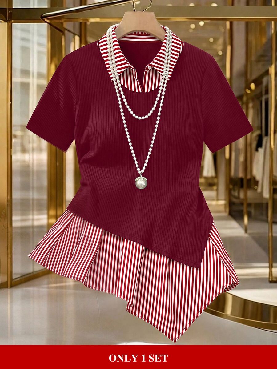 GlowEve CURVE Plus Size Women's Striped Patchwork Asymmetrical Hem Top - Red - View 1