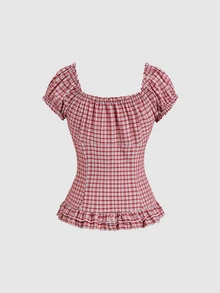 Sweetra Women's Plaid Cinched Waist Ruffle Tie Short Sleeve Blouse - Red - View 2