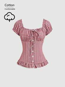 Sweetra Women's Plaid Cinched Waist Ruffle Tie Short Sleeve Blouse - Red - View 3