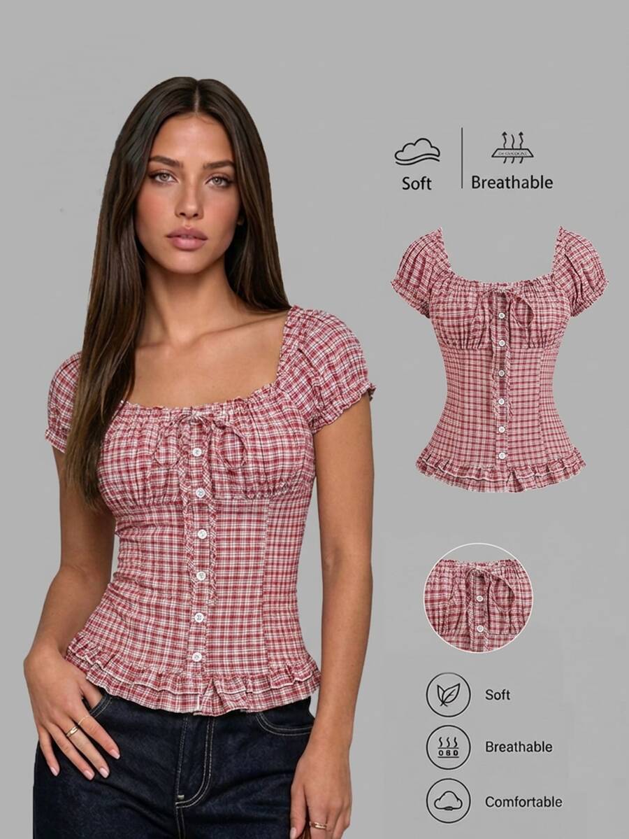 Sweetra Women's Plaid Cinched Waist Ruffle Tie Short Sleeve Blouse - Red - View 1