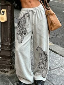 Rovax Women's Tiger Print Minimalist Pattern Straight Leg Loose Long Sweatpants, Casual All-Season Pants, Elegant And Comfortable Design, Casual Outing Sports Pants, With Tiger Pattern Design, Drawstring Waist, Light Gray Casual Sweatpants, Gift For Friends - Light Grey - View 7