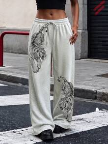 Rovax Women's Tiger Print Minimalist Pattern Straight Leg Loose Long Sweatpants, Casual All-Season Pants, Elegant And Comfortable Design, Casual Outing Sports Pants, With Tiger Pattern Design, Drawstring Waist, Light Gray Casual Sweatpants, Gift For Friends - Light Grey - View 1