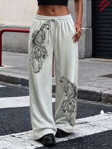 Rovax Women's Tiger Print Minimalist Pattern Straight Leg Loose Long Sweatpants, Casual All-Season Pants, Elegant And Comfortable Design, Casual Outing Sports Pants, With Tiger Pattern Design, Drawstring Waist, Light Gray Casual Sweatpants, Gift For Friends - Light Grey - View 4