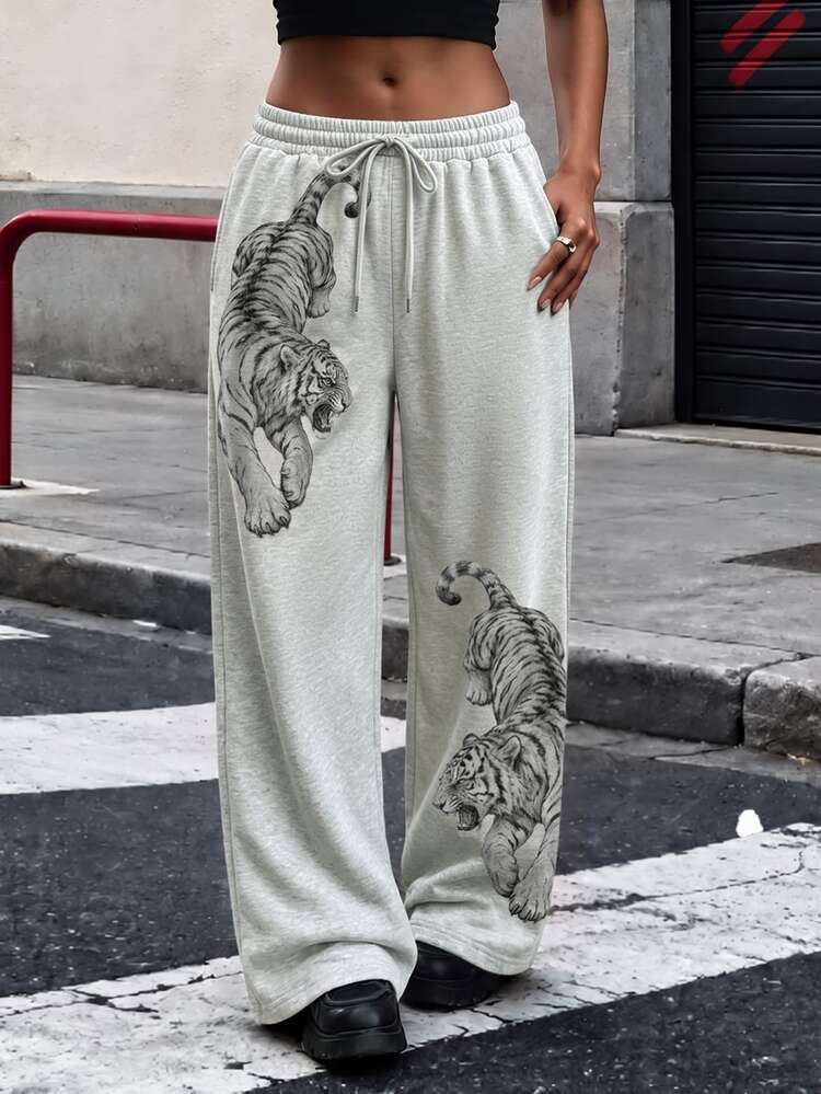 Rovax Women's Tiger Print Streetwear Athleisure Straight Leg Loose Long Sweatpants, Casual All-Season Pants, Drawstring Waist, Light Grey, Workout - Light Grey - View 4