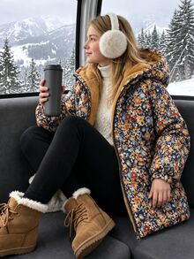 SHEIN Tween Girls Coat Fleece Fall Clothes Beige Long Sleeve Casual Cool Girl It Girl Cute Fashion Classic Woven Fabric Floral Pattern Hooded Long Zip Up... - Multicolor - View 1