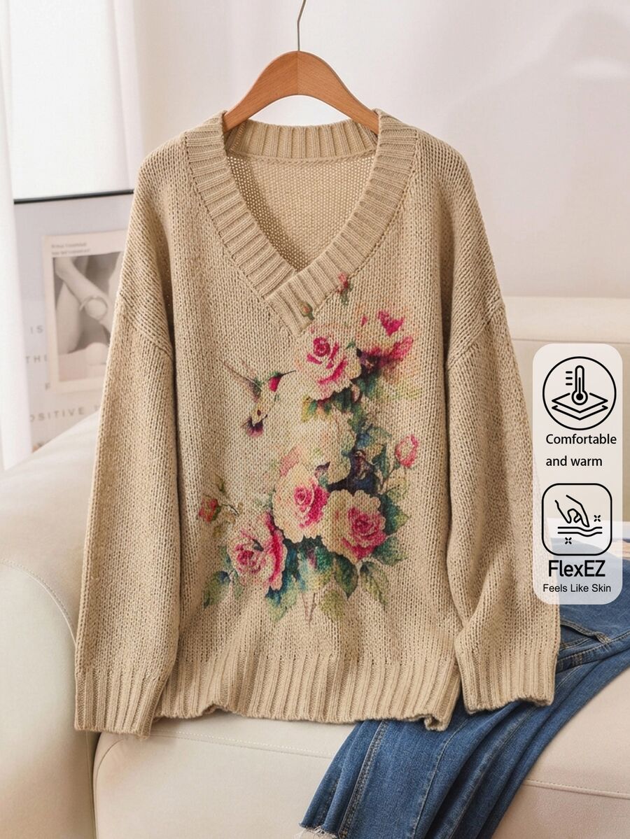 EMERY ROSE Plus Size Women's Floral Print Casual Everyday Long Sleeve Sweater ,Winter Outfit For Women - Khaki - View 1