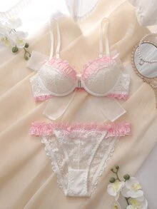 DelicateAllure Women's Sweet Bow Decor Bra And Lace Triangle Panty Lingerie Set - White - View 3