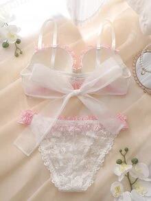 DelicateAllure Women's Sweet Bow Decor Bra And Lace Triangle Panty Lingerie Set - White - View 2
